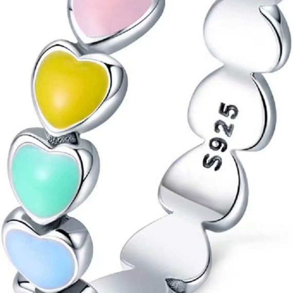 Color Heart to Heart Ring Rainbow Heart Endless Love Heart 925 Sterling Silver E
